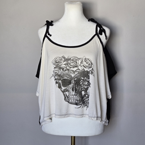 Lip Service Punk Alt Emo Skull Rose Cropped Tank Mesh Cold Shoulder Edgy Goth S - Picture 4 of 12